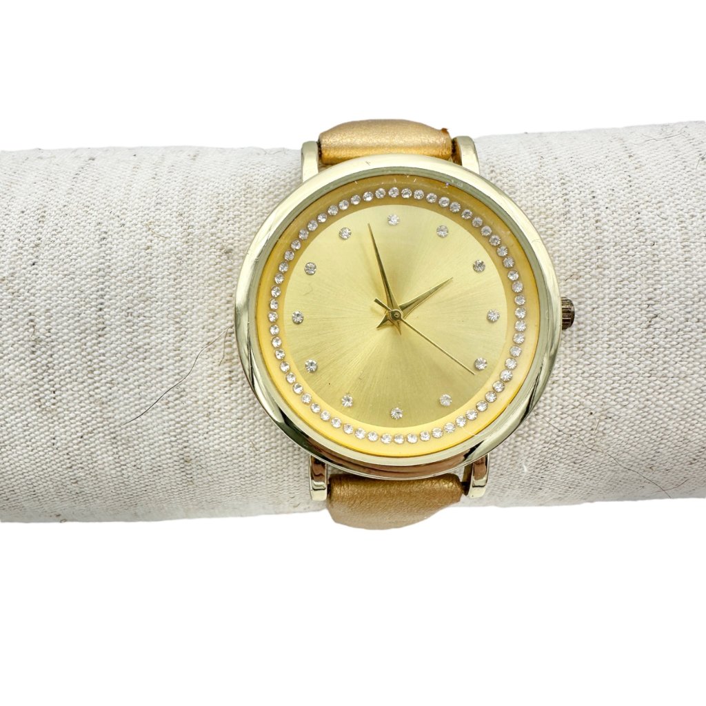 Goldtone Watch With Crystal Accent Faux Leather Gold Buckle Strap